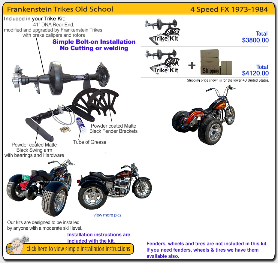 Frankenstein Trike kit for harley davidson 4 speed FL FX contents and pricing